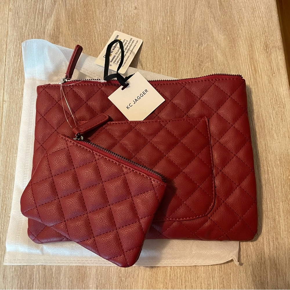 NWT KC Jagger Vegan Caviar Leather Quilted Pouch Set Red - Picture 2 of 4